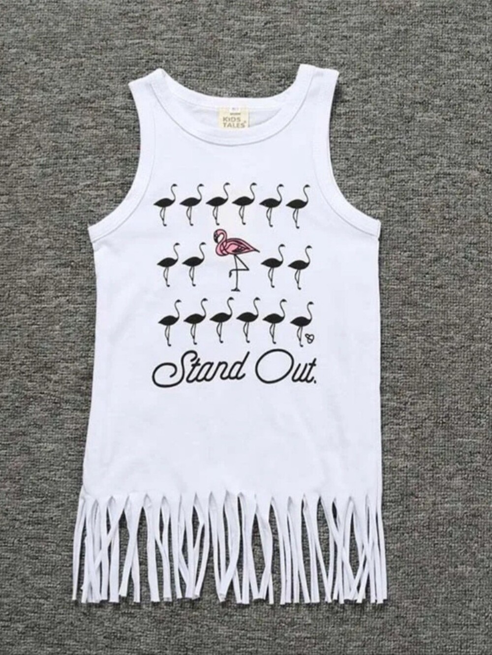 Girls White Fringe Tank Dress with Flamingo "Stand Out" Graphic NWOT